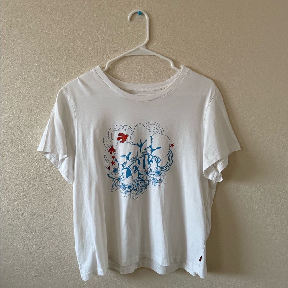 White T-Shirt with Blue and Red Graphic